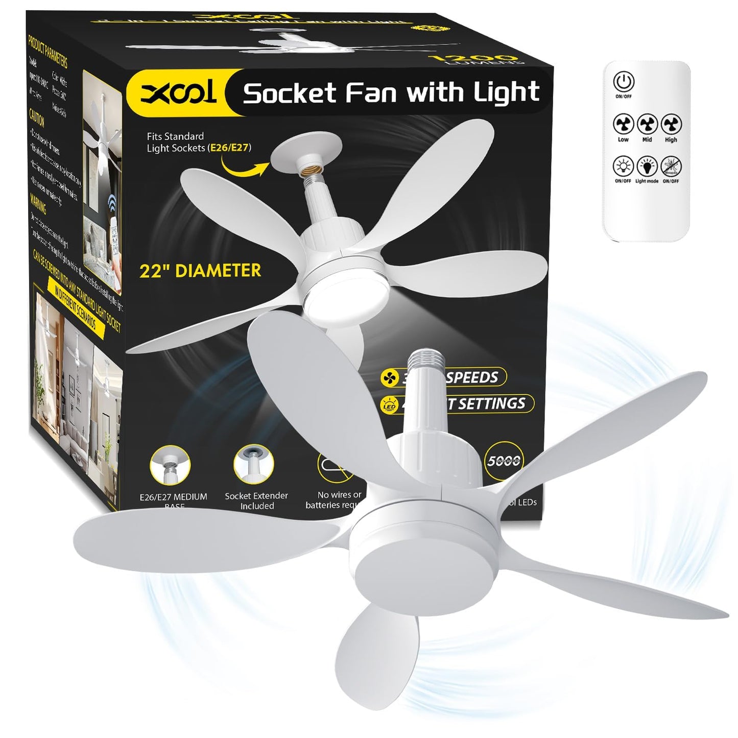 Socket Fan Light, 22" Ceiling Fan with LED Lights and Remote, 3 Fan Speeds, Adjustable Cool & Warm Light, Wireless Screw in Socket Fan Light for Kitchen, Bedroom, Living Room, 1200 Lumen, E26/E27 Base