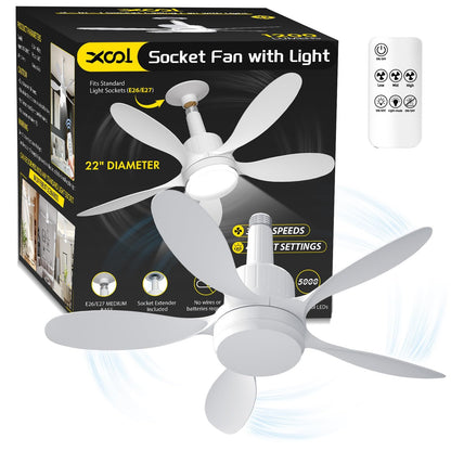 Socket Fan Light, 22" Ceiling Fan with LED Lights and Remote, 3 Fan Speeds, Adjustable Cool & Warm Light, Wireless Screw in Socket Fan Light for Kitchen, Bedroom, Living Room, 1200 Lumen, E26/E27 Base