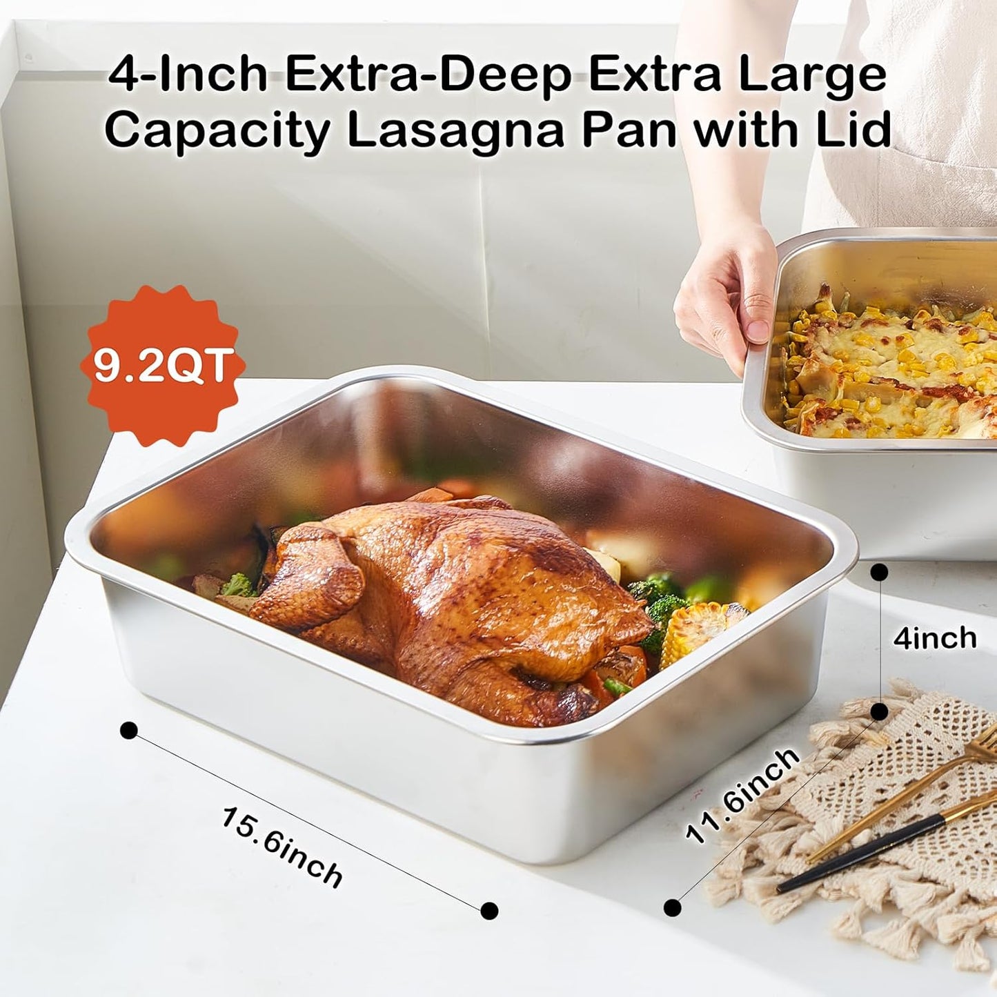 Skiennix 4 Inch Extra Deep Lasagna Pan - 11.6x15.6 Inch Nonstick Stainless Steel with Lid | 9.2QT Capacity