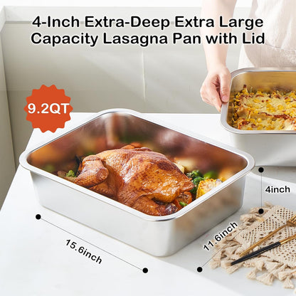 Skiennix 4 Inch Extra Deep Lasagna Pan - 11.6x15.6 Inch Nonstick Stainless Steel with Lid | 9.2QT Capacity