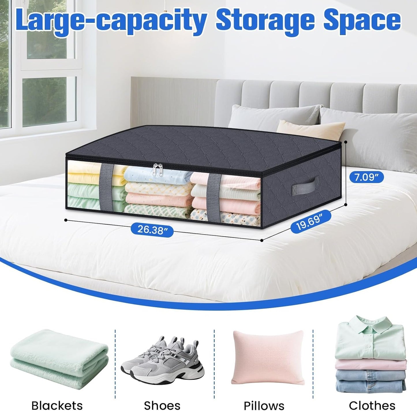 TasticTotes Under Bed Storage Containers - 4 Pack Collapsible Bags with Clear Front, 60L, Grey