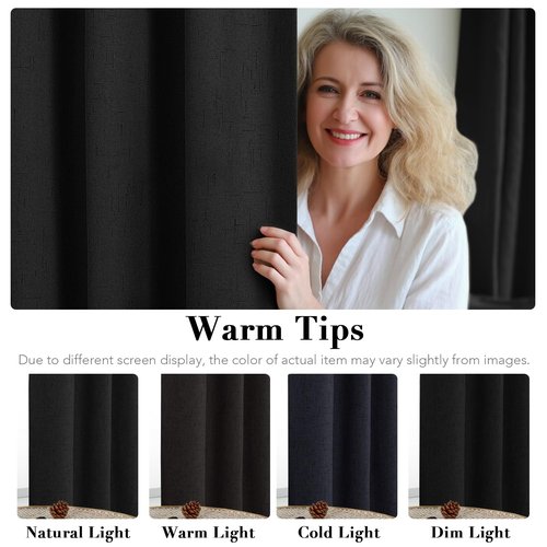 H.VERSAILTEX Linen Blackout Curtains 63 Inches Long 100% Blackout Thermal Insulated Textured Linen Look Curtain Draperies Anti-Rust Grommet, Energy Saving with White Liner, 2 Panels, Black