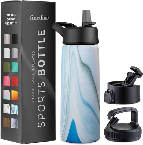 FineDine Stainless Steel Insulated Water Bottle - 25 Oz with Straw Lid & Flip Lid - Exquisite Blue Marble