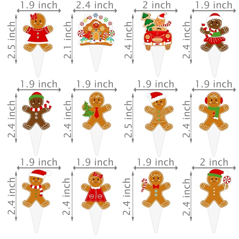 Christmas Gingerbread Cupcake Toppers 48pcs - Santa Hat & Candy Cane Picks