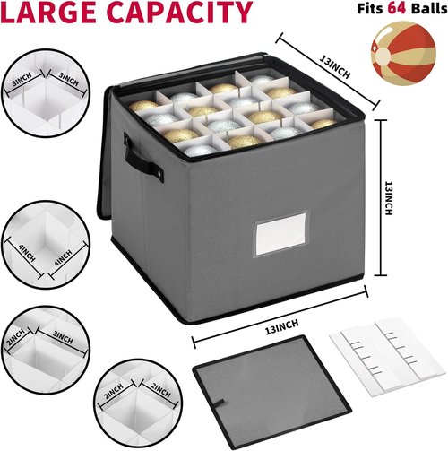 DIMESHY Christmas Ornament Storage Box - Adjustable Dividers & 4 Removable Trays for 64 Decorations | Gray