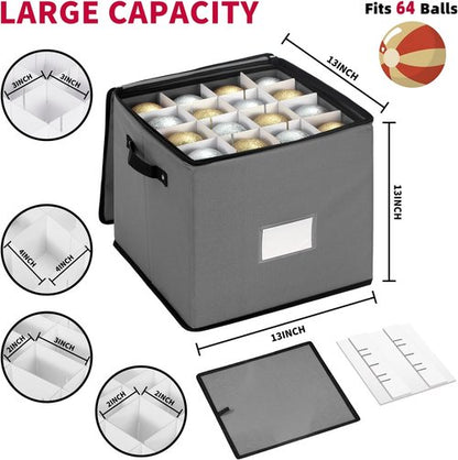 DIMESHY Christmas Ornament Storage Box - Adjustable Dividers & 4 Removable Trays for 64 Decorations | Gray