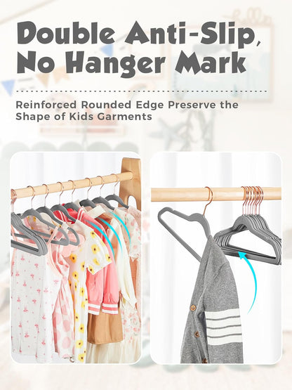 Smartor Kids Velvet Hangers - 50 Pack Premium Non-Slip Felt Hangers for Toddler Clothes | Grey with Rose Gold Hook
