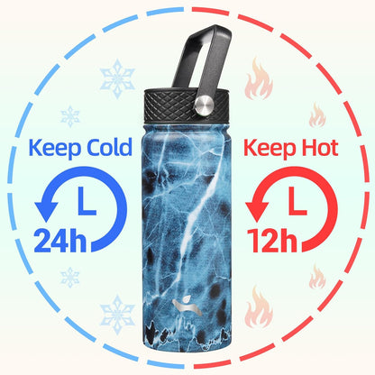 Skiennix 18 oz Insulated Stainless Steel Water Bottle - Marble Ocean Design with 3 Lids