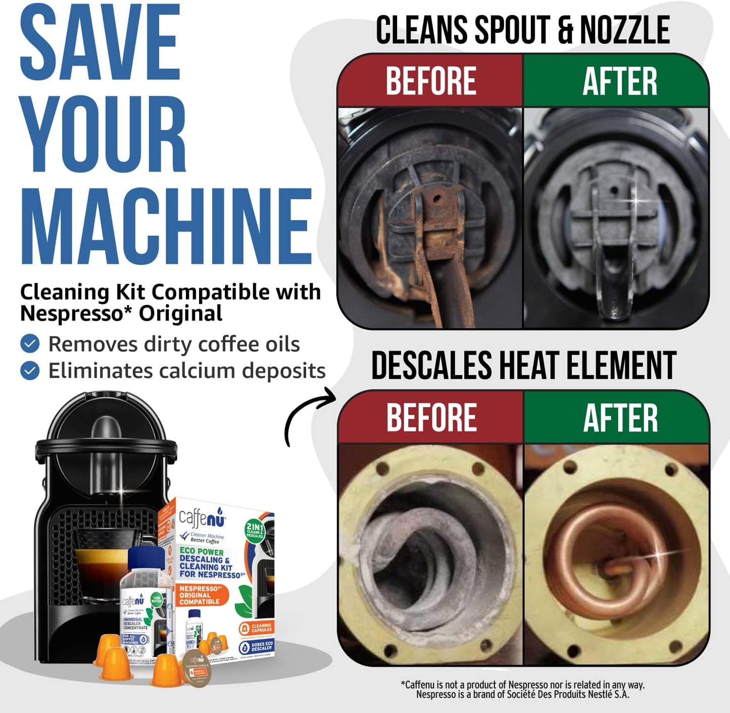 Nespresso Descaling Kit & Cleaning Pods - 2 Use Solution + 4 Cleaner Pods for Better Tasting Coffee