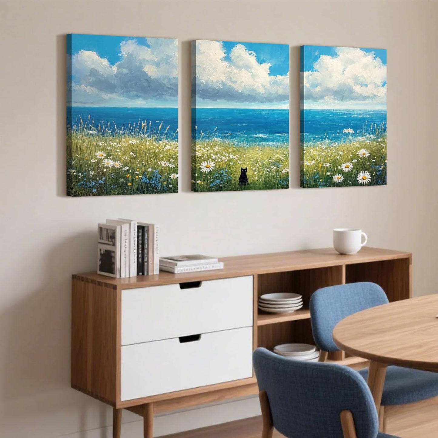 Skiennix Black Cat Canvas Wall Art Set - 3 Piece Abstract Beach Floral Prints | 12"x16" Wrapped Frame