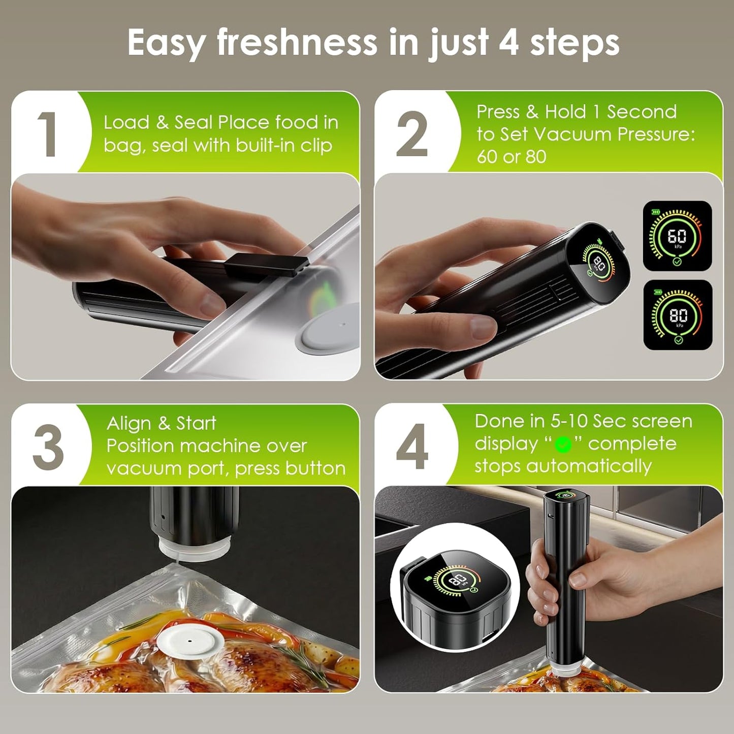 Skiennix Portable Vacuum Sealer - Handheld Food Sealer with 30 Reusable Bags & LED Pressure Display