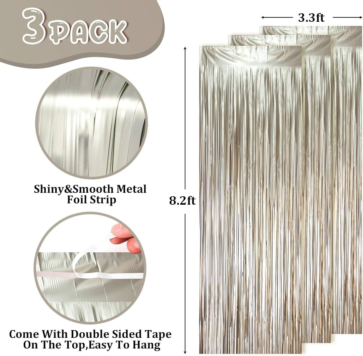 Voircoloria Matte Champagne Foil Fringe Backdrop Curtains - 3 Pack of 3.3 x 8.2 ft Gold Tinsel Streamers for Parties