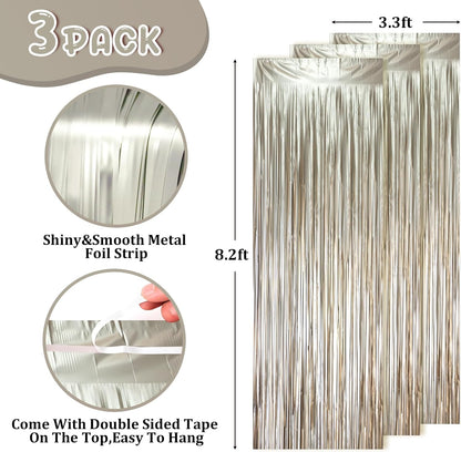 Voircoloria Matte Champagne Foil Fringe Backdrop Curtains - 3 Pack of 3.3 x 8.2 ft Gold Tinsel Streamers for Parties