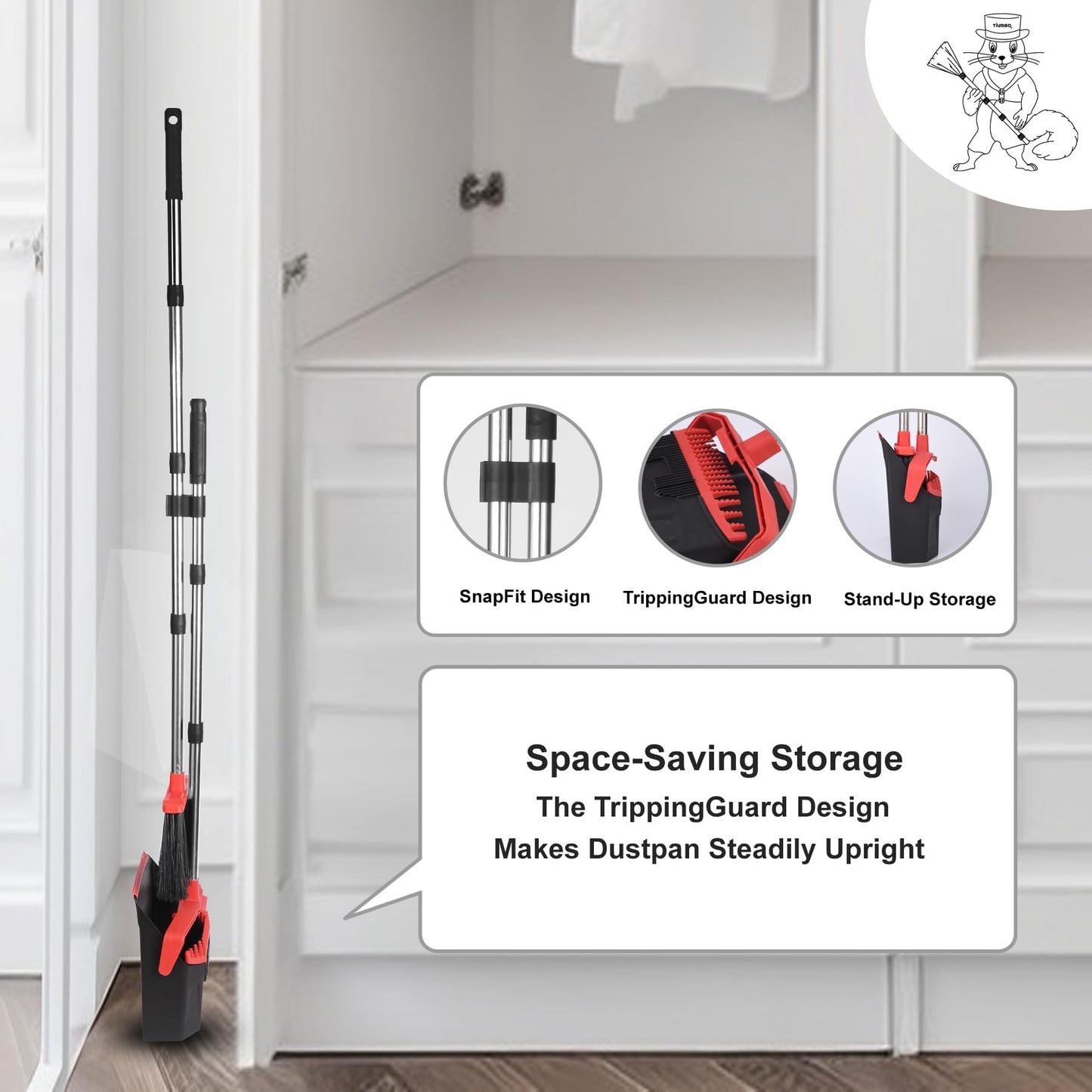 Tiumso Upgrade Broom with Dustpan Combo Set, Broom and Dustpan Set with 51'' Long Handle, Dust Pan and Brooms, ZeroGap Lip, Self-Cleaning Dustpans Teeth for Lobby Kitchen Restaurant - Black and Red