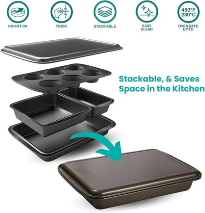 Baker's Secret Stackable Baking Set - 5 Versatile Bakeware Pans | Muffin, Roaster, Square, Cookie & Loaf Pan