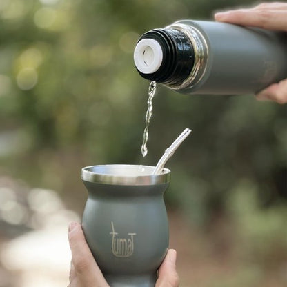 Complete Yerba Mate Kit - Includes Mate Cup, Straw (Bombilla), 750ml Thermos, Bag and two gifts (Container Yerbero and Car Immersion Heater) - Stainless Steel Yerba Mate Set (Dark Gray)
