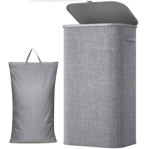 Lifewit 105L Large Laundry Basket with Lid, Laundry Hamper with Plastic Handles and Removable Bag, Foldable Tall Dirty Clothes Hampers for Laundry for Laundry Room, Bedroom, Bathroom, Dorm, Light Gray