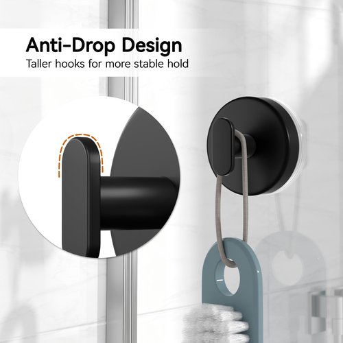Josmimic Suction Cup Hooks for Shower, Removable Towel Hooks for Bathroom, Kitchen, Glass Door, Mirror, Tile – Loofah, Towel, Coat, Bath Robe Hook for Hanging, Black 2 Pack