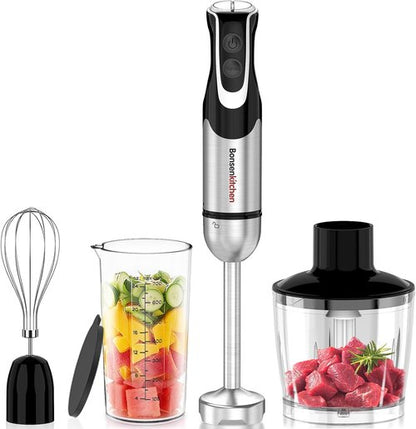 Bonsenkitchen 4-in-1 Immersion Blender - Handheld 12-Speed Mixer with Turbo Mode & Stainless Steel Blade | Includes Whisk, Beaker & Chopper Bowl