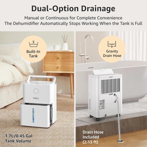 KNKA Dehumidifier - 1600 Sq.Ft. Capacity | 21 Pint Home Unit with Drain Hose & Intelligent Humidistat