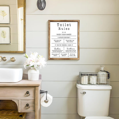 MODE HOME Farmhouse Wall Art - Funny Bathroom Rules Sign with Torched Brown Frame | 14x11 Inch Shabby Chic Decor