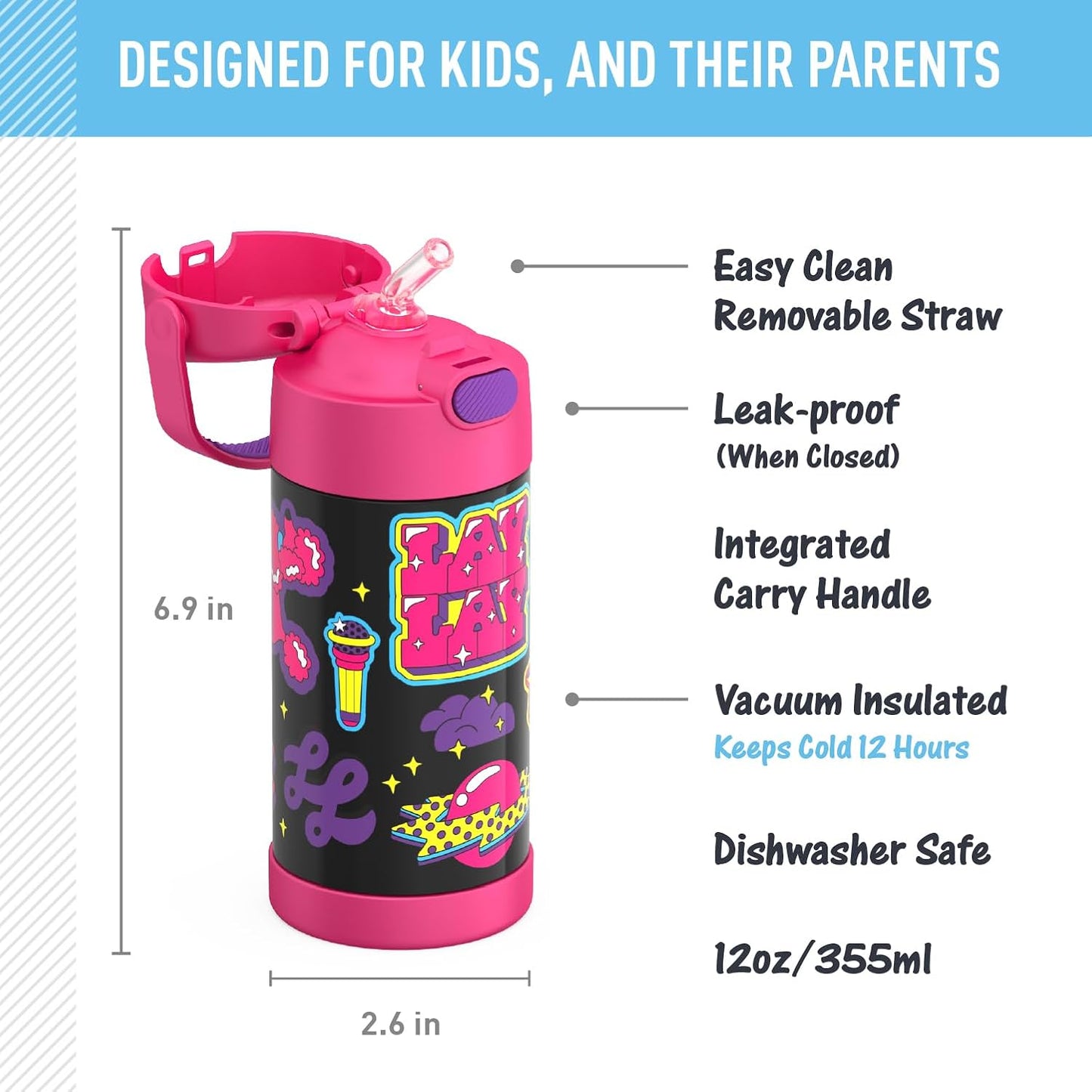 THERMOS FUNTAINER 12 Ounce Stainless Steel Kids Straw Bottle - Vacuum Insulated Design