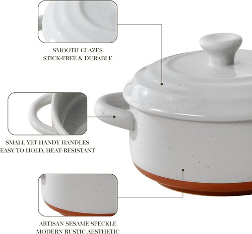 MALACASA Mini Cocotte Set - 12 OZ Ramekins with Lids | Oven-Safe Ceramic Baking Dishes, Set of 4 in Khaki Grey