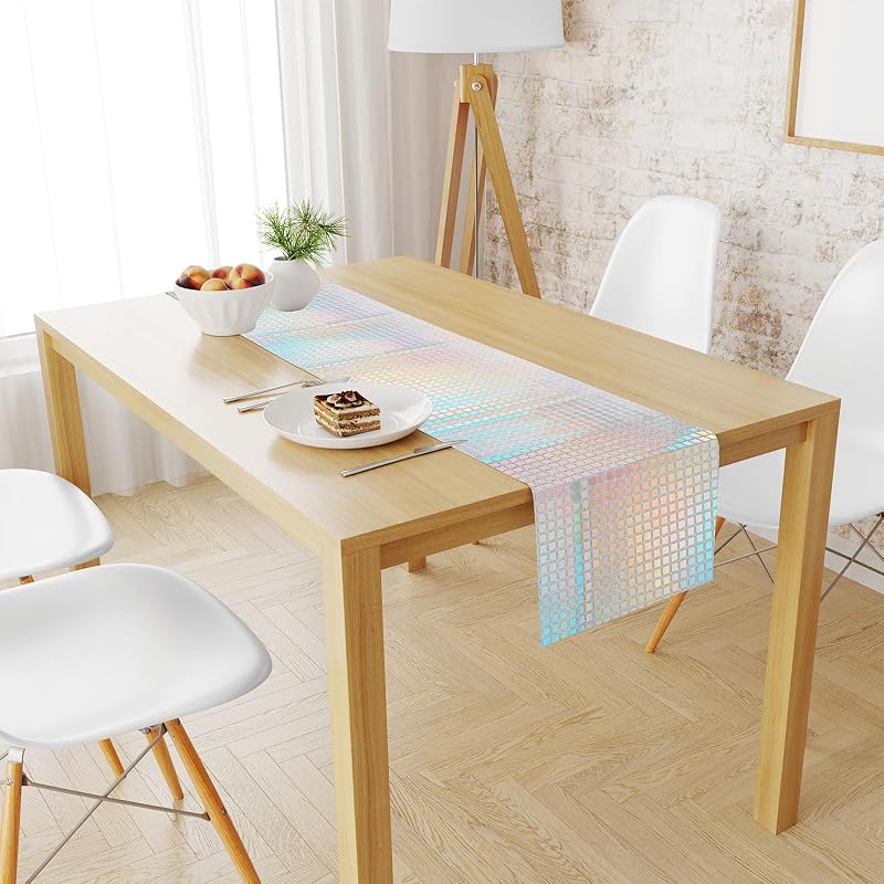 Whaline 71x12 Inch Glitter Disco Table Runner - Iridescent Silver Mirror Party Cloth (Variation: 1)