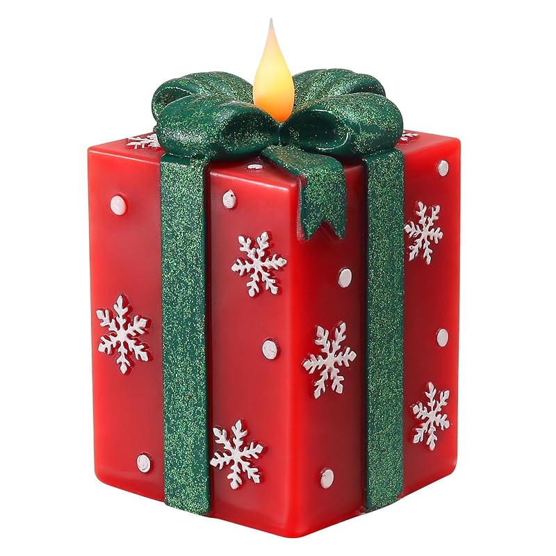 Christmas Flameless Gift Box Candle with Remote Timer - Hand-Painted Real Wax, Red
