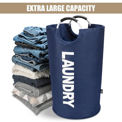 DOKEHOM 95L Large Laundry Basket, Collapsible Laundry Bag, Freestanding Tall Clothes Hamper, Foldable Washing Bin (Dark Blue)