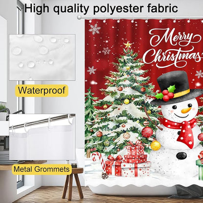 Christmas Shower Curtain 72 x 72 in – Santa, Snowman & Tree Design with 12 Hooks