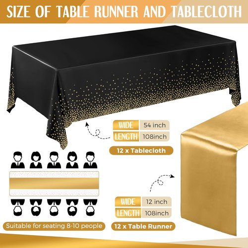 Breling 24-Pack Black and Gold Disposable Tablecloths & Satin Runners - 54" x 108" & 12" x 108" for Events