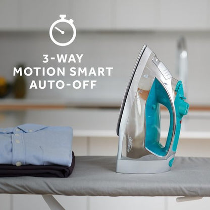 Sunbeam Turbo Steam Iron 1400W Quick Heat Stainless Steel Soleplate Shot of Steam Horizontal and Vertical 3 Way Auto Off 240ml Water Tank White Teal