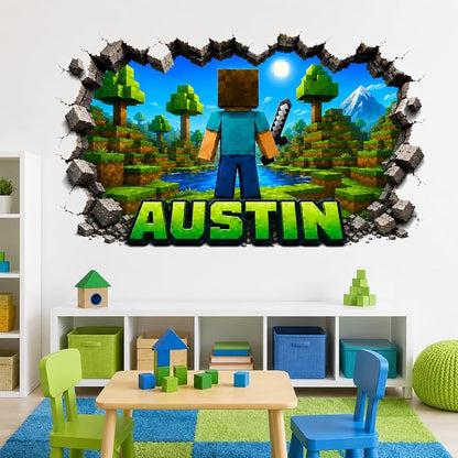 Personalized Pixel Gamer Wall Decal - Custom Name 3D Broken Wall Video Game Room Decor