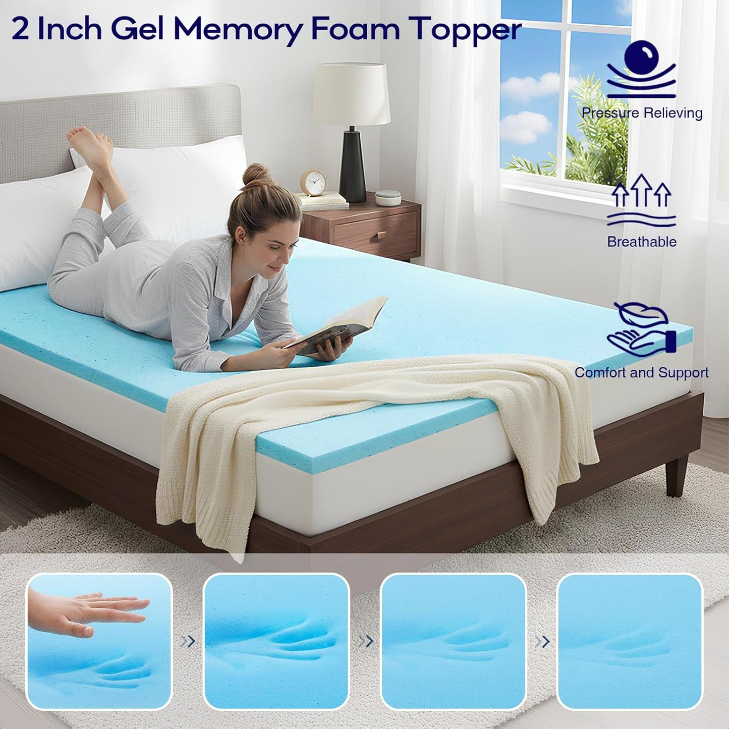 OLANLY Memory Foam Mattress Topper - Dual-Layer Queen Size for Back Pain Relief | 4 Inch Cooling Pillow Top, Light Grey