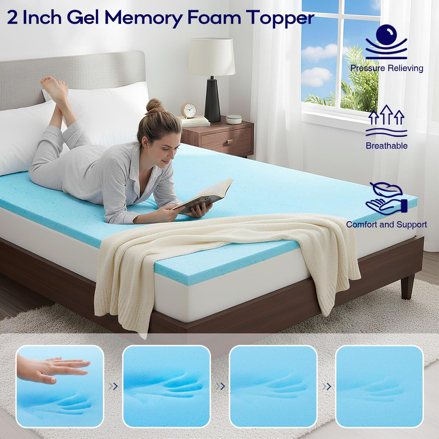 OLANLY Dual-Layer 4 Inch Queen Size Memory Foam Mattress Topper for Back Pain, 2 Inch Cooling Pillow Top Mattress Pad Cover and 2 Inch Gel Memory Foam Topper, Deep Elastic Pocket, Black