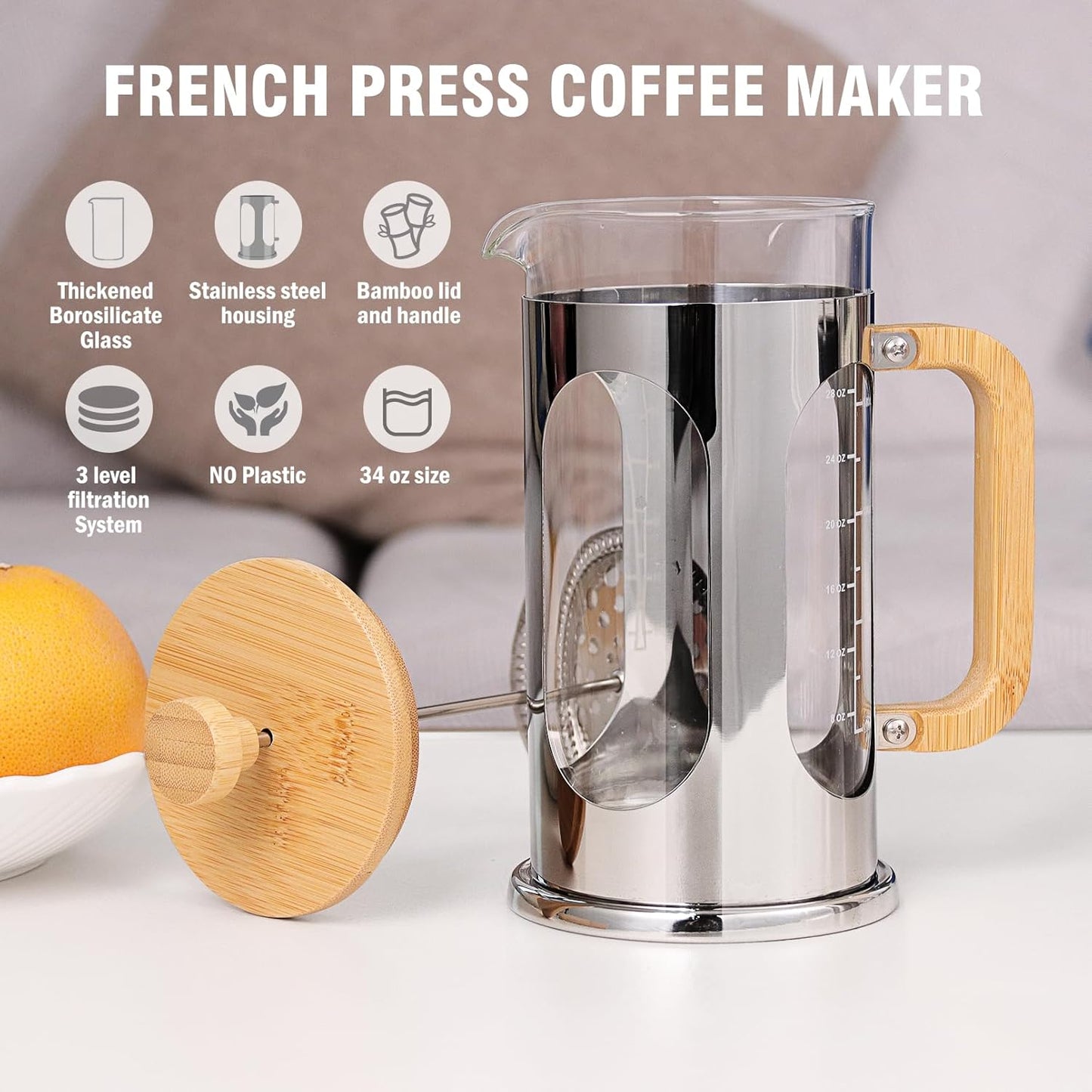 Sivaphe French Press Coffee Maker - 34 oz Borosilicate Glass with Bamboo Lid & Handle | 8 Cup Tea Press