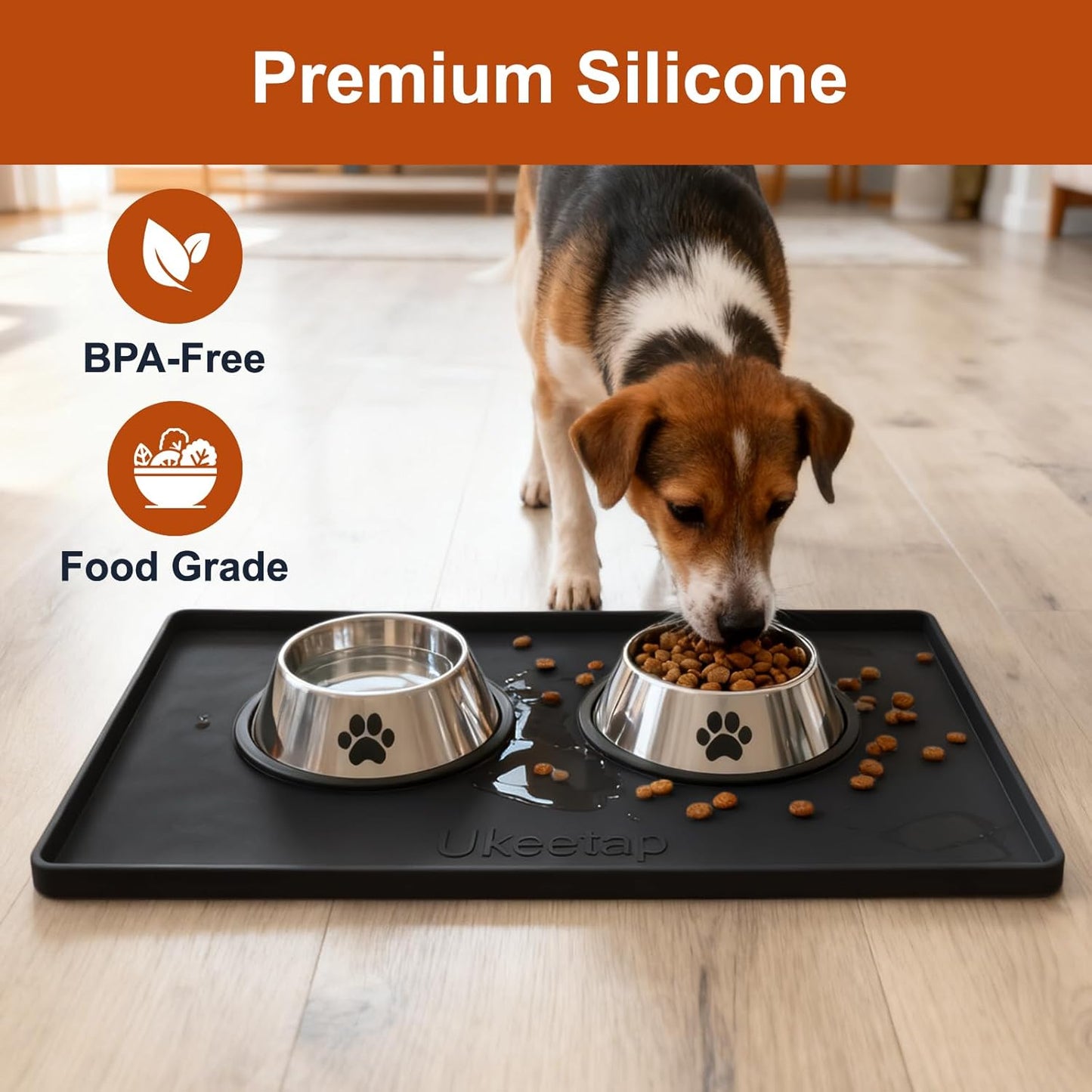 Skiennix Extra Thick Silicone Dog & Cat Food Mat - Waterproof, Non-Slip, 19” x 12”, Black
