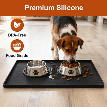 Skiennix Extra Thick Silicone Dog & Cat Food Mat - Waterproof, Non-Slip, 19” x 12”, Black