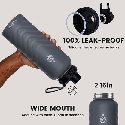 Skiennix 32oz Stainless Steel Insulated Water Bottle - 48H Cold & 24H Hot, Leak-Proof, BPA-Free | Grey