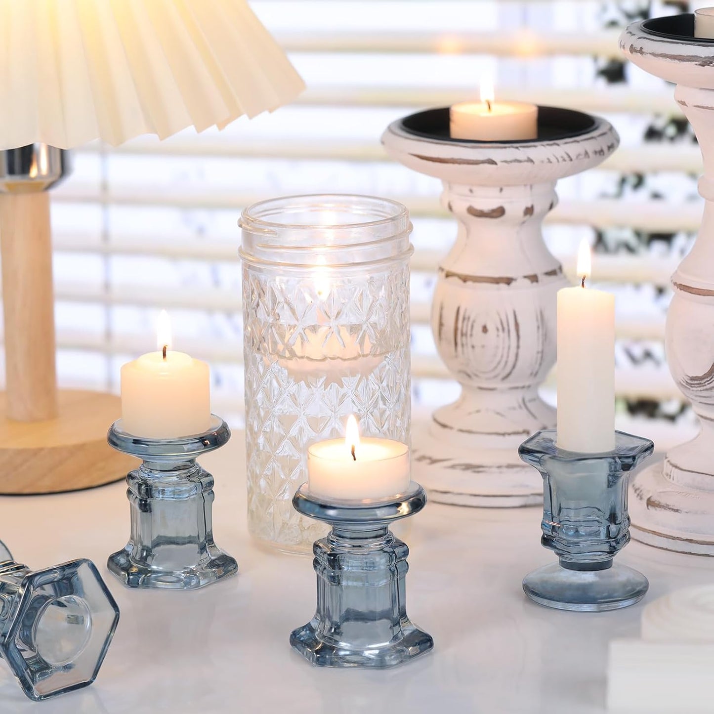 Regine Switzerland Blue Glass Candlestick Holders - 12 Pcs Crystal Taper Candle Holders for Weddings & Home Decor