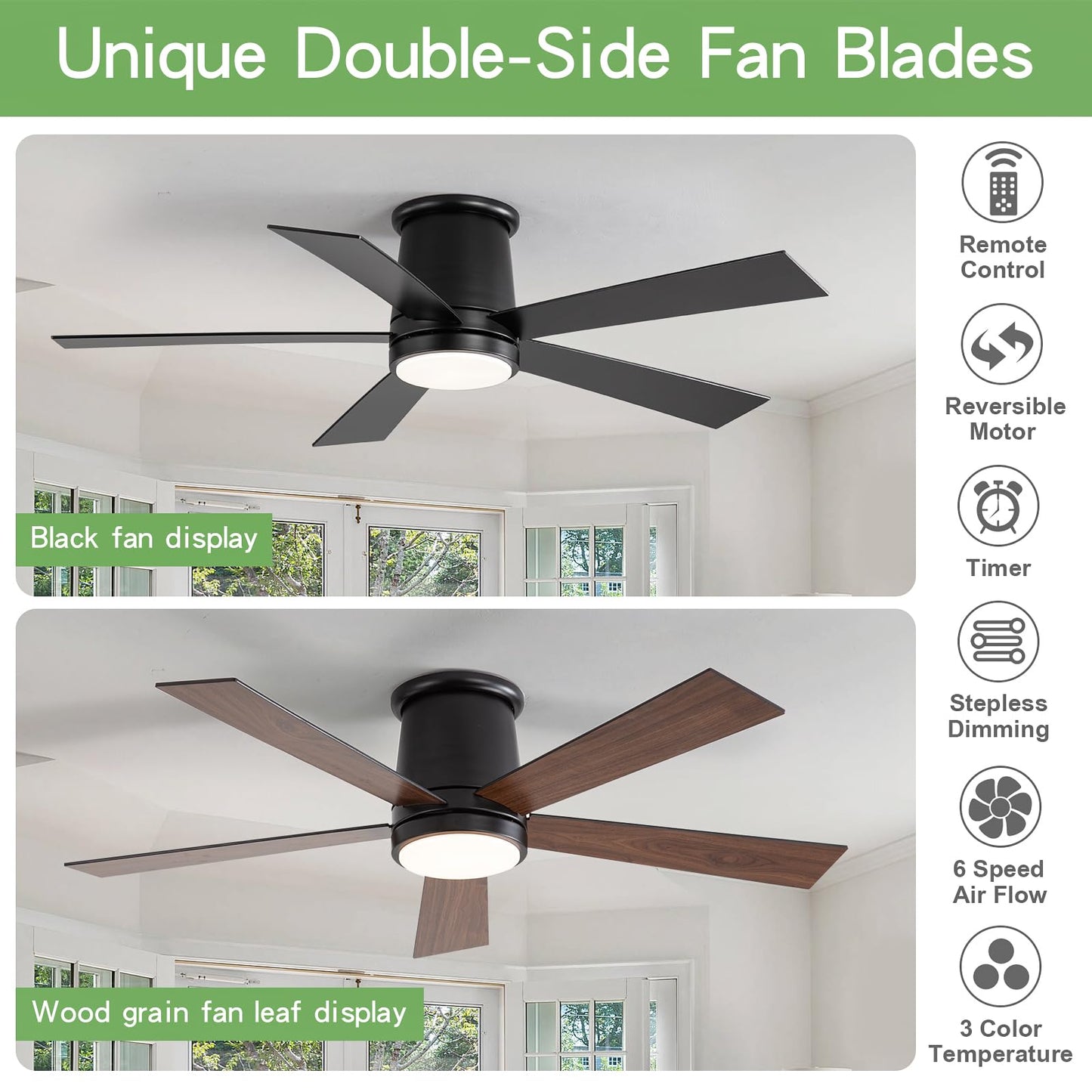 AuraQify 52'' Flush Mount Ceiling Fan, Black Ceiling Fan with Light, Dimmable, Silent 6 Speed DC Reversible Motor with Timer, for Indoor, Courtyard, Porch, Garage, Stores