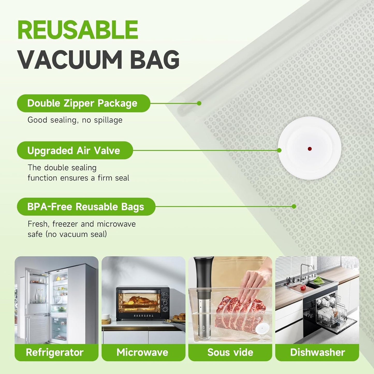 Vacuum Sealer Bags - 40 Reusable BPA-Free Bags for Meal Prep & Sous Vide Cooking | Compatible with Handheld & External Vacuum Sealers