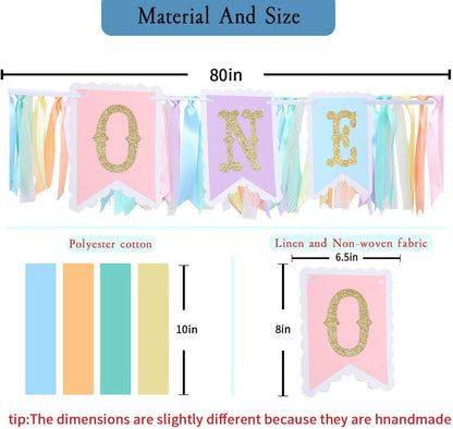 Rainbow High Chair Banner - Colorful 1st Birthday Photo Prop for Baby Girl Cake Smash | Macaron Colors