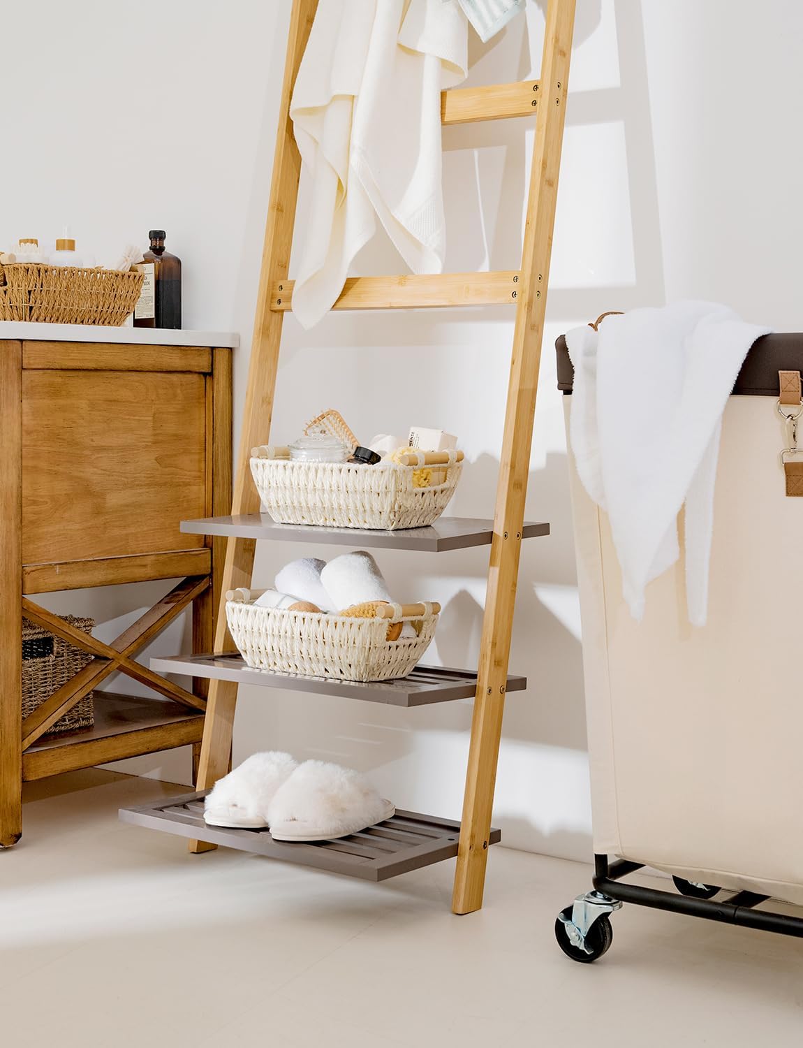 StorageWorks Round Woven Paper Rope Basket - Stylish Beige Baskets with Wooden Handles | 2-Pack