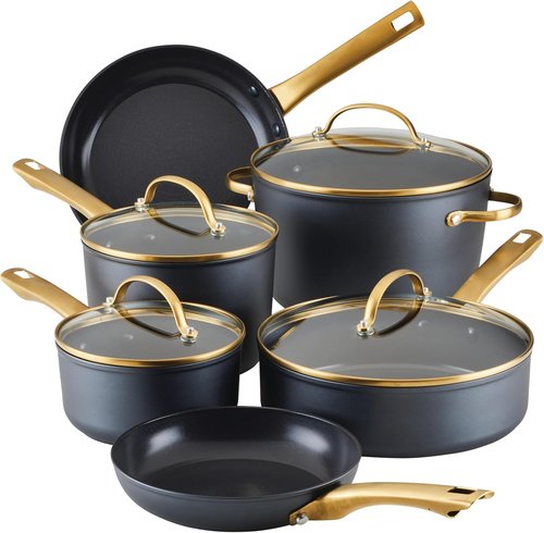 Farberware Forged Induction Ceramic Nonstick Cookware Set - 12 Piece Kitchen Essentials | Black & Gold, Dishwasher Safe