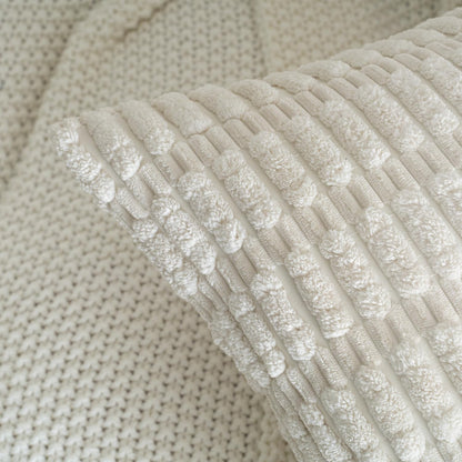 Skiennix Corduroy Throw Pillow Covers - Soft Boho Striped Design | 18x18 Inch Cream White Set of 2