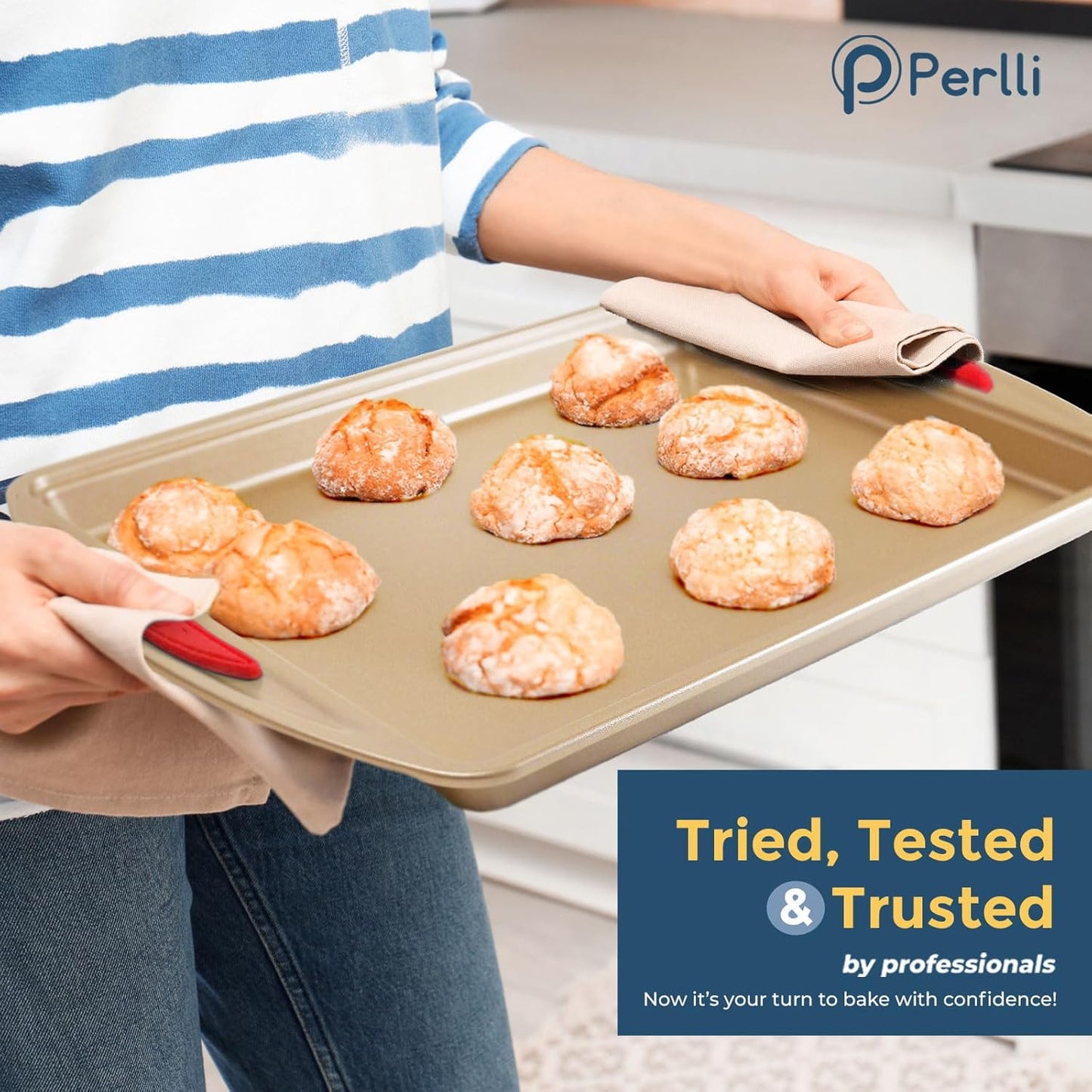 Perlli Baking Kit - Nonstick Gold Steel Oven Set with Silicone Handles | 6-Piece Bakeware Collection