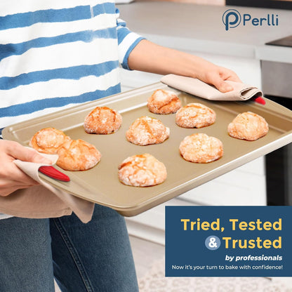 Perlli Baking Kit - Nonstick Gold Steel Oven Set with Silicone Handles | 6-Piece Bakeware Collection