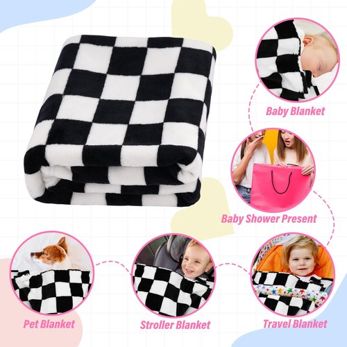 GreatBba Plush Checkered Baby Blanket for Boys Girls Nursery, 30"*40" Warm Short Fleece Blanket Neutral for Infant Newborn, Small Fuzzy for Sleeping, Chenille Baby for Stroller (Black&White)